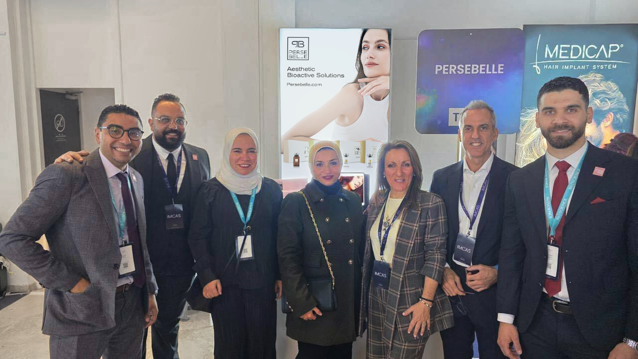 Mr. Martin (Persebelle's CEO) and Christina L. Barés (Persebelle's Business Developement Manager) with some new distributors at IMCAS Paris 2026